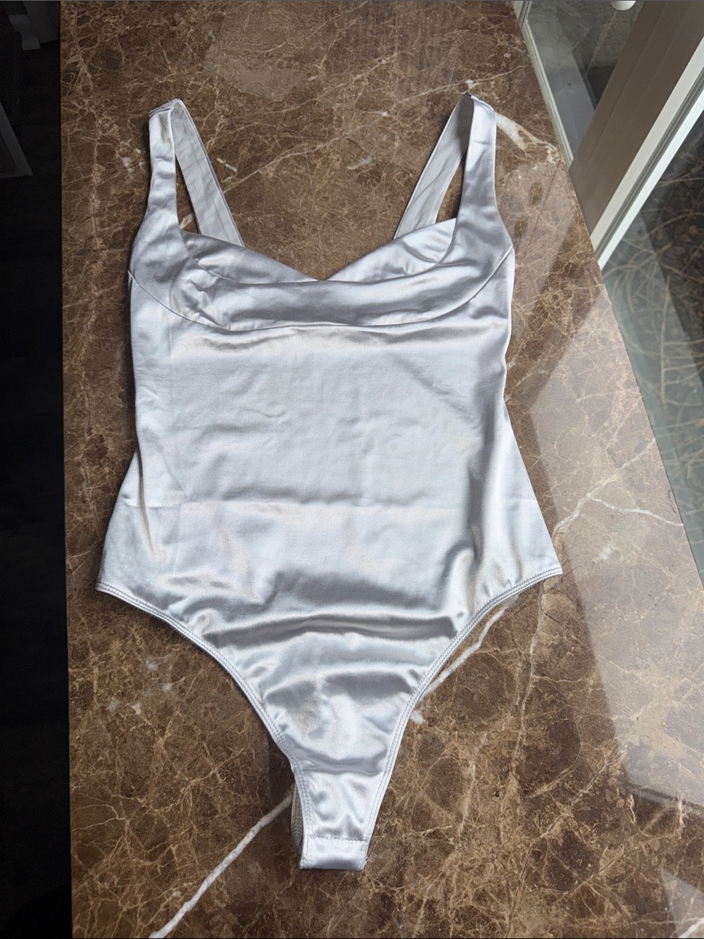 Free People Silver Satin Cowl-Neck Thong Bodysuit